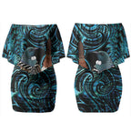 New Zealand Tui Bird Taiaha Couples Matching Off Shoulder Short Dress and Long Sleeve Button Shirt Maori Weapon Paua Shell Mix Silver Fern LT14