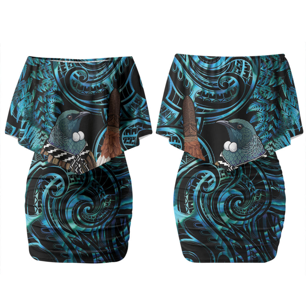 New Zealand Tui Bird Taiaha Couples Matching Off Shoulder Short Dress and Long Sleeve Button Shirt Maori Weapon Paua Shell Mix Silver Fern LT14