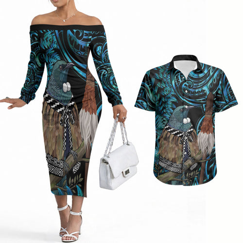 New Zealand Tui Bird Taiaha Couples Matching Off The Shoulder Long Sleeve Dress and Hawaiian Shirt Maori Weapon Paua Shell Mix Silver Fern
