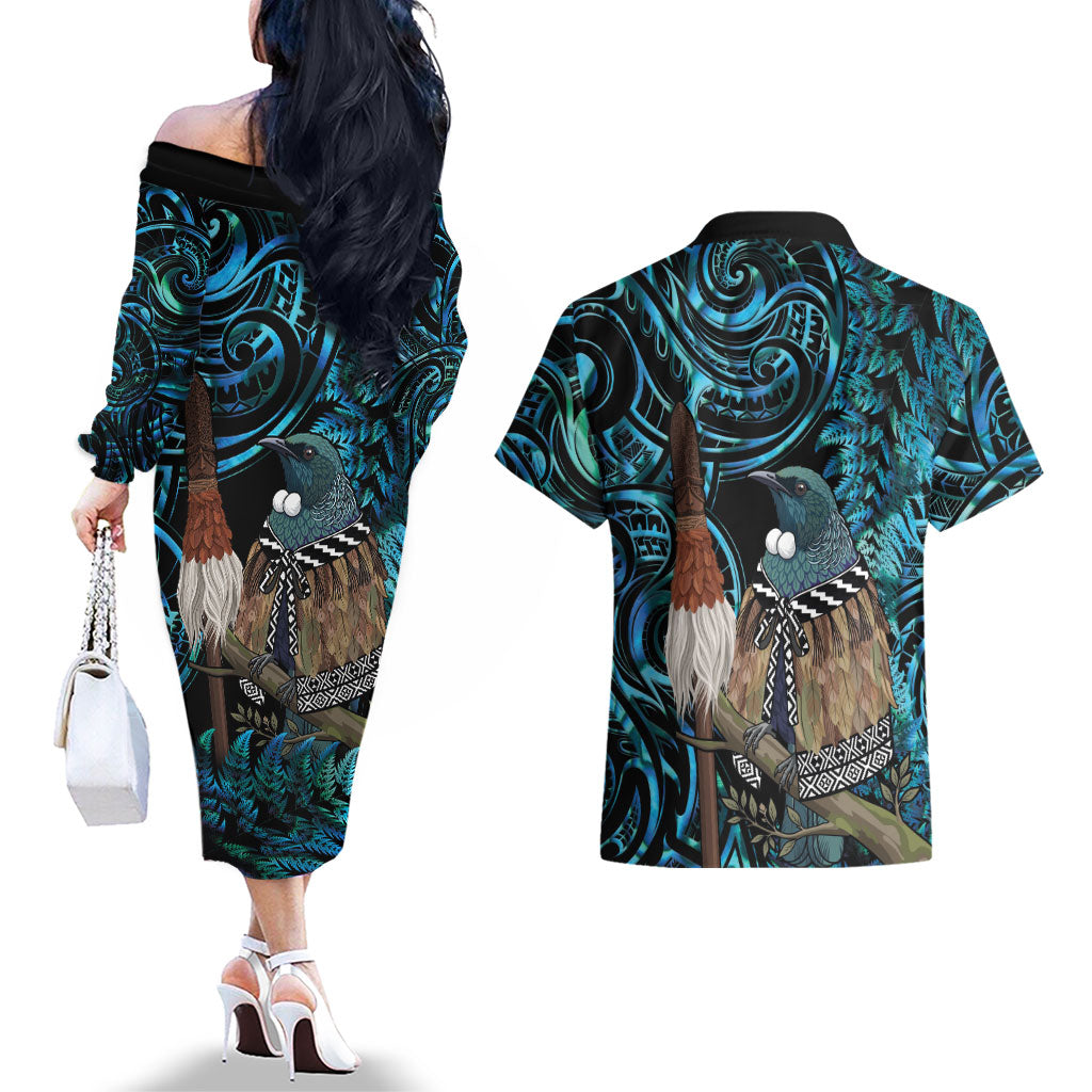 New Zealand Tui Bird Taiaha Couples Matching Off The Shoulder Long Sleeve Dress and Hawaiian Shirt Maori Weapon Paua Shell Mix Silver Fern