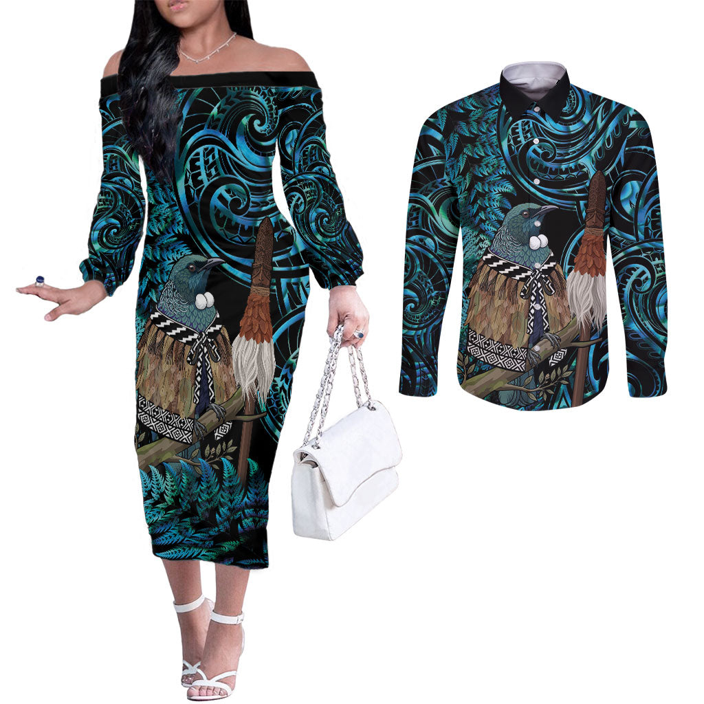 New Zealand Tui Bird Taiaha Couples Matching Off The Shoulder Long Sleeve Dress and Long Sleeve Button Shirt Maori Weapon Paua Shell Mix Silver Fern