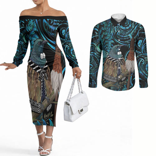 New Zealand Tui Bird Taiaha Couples Matching Off The Shoulder Long Sleeve Dress and Long Sleeve Button Shirt Maori Weapon Paua Shell Mix Silver Fern