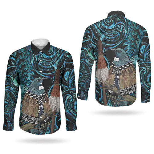 New Zealand Tui Bird Taiaha Couples Matching Off The Shoulder Long Sleeve Dress and Long Sleeve Button Shirt Maori Weapon Paua Shell Mix Silver Fern