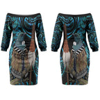 New Zealand Tui Bird Taiaha Couples Matching Off The Shoulder Long Sleeve Dress and Long Sleeve Button Shirt Maori Weapon Paua Shell Mix Silver Fern LT14