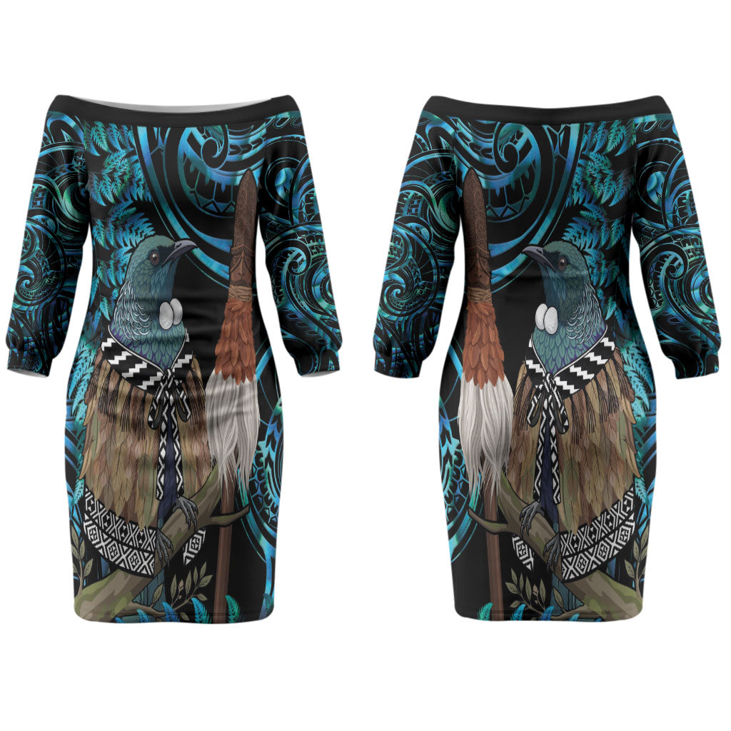New Zealand Tui Bird Taiaha Couples Matching Off The Shoulder Long Sleeve Dress and Long Sleeve Button Shirt Maori Weapon Paua Shell Mix Silver Fern LT14