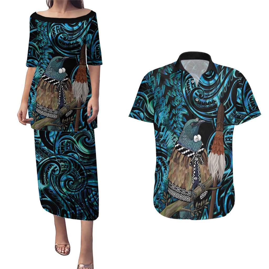 New Zealand Tui Bird Taiaha Couples Matching Puletasi and Hawaiian Shirt Maori Weapon Paua Shell Mix Silver Fern