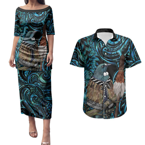 New Zealand Tui Bird Taiaha Couples Matching Puletasi and Hawaiian Shirt Maori Weapon Paua Shell Mix Silver Fern