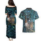 New Zealand Tui Bird Taiaha Couples Matching Puletasi and Hawaiian Shirt Maori Weapon Paua Shell Mix Silver Fern