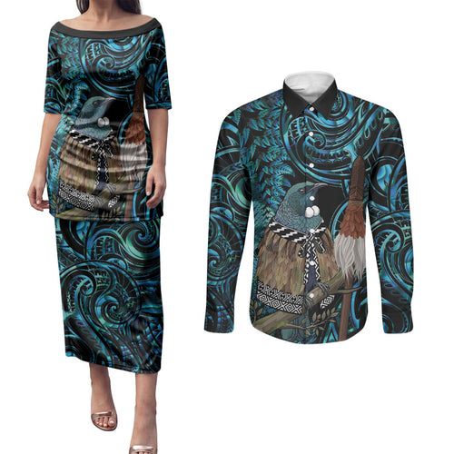 New Zealand Tui Bird Taiaha Couples Matching Puletasi and Long Sleeve Button Shirt Maori Weapon Paua Shell Mix Silver Fern