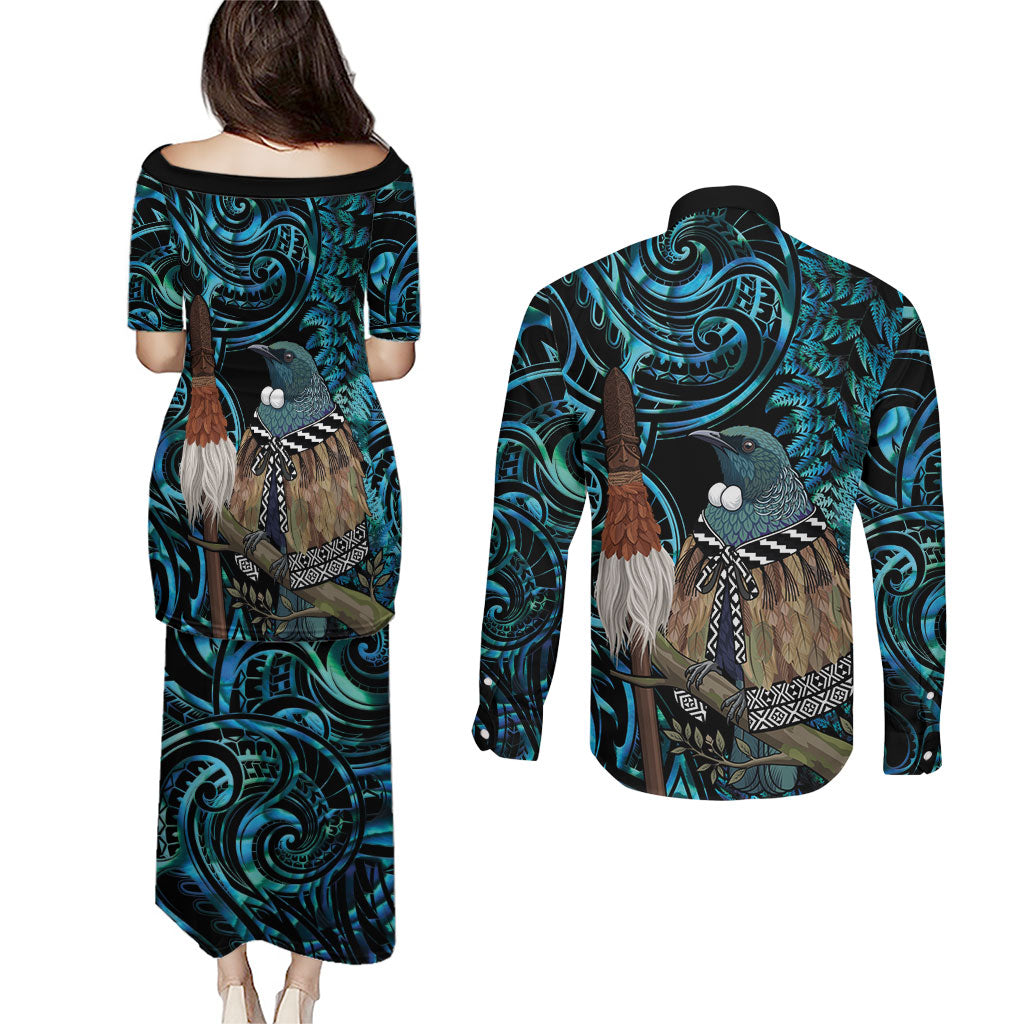 New Zealand Tui Bird Taiaha Couples Matching Puletasi and Long Sleeve Button Shirt Maori Weapon Paua Shell Mix Silver Fern