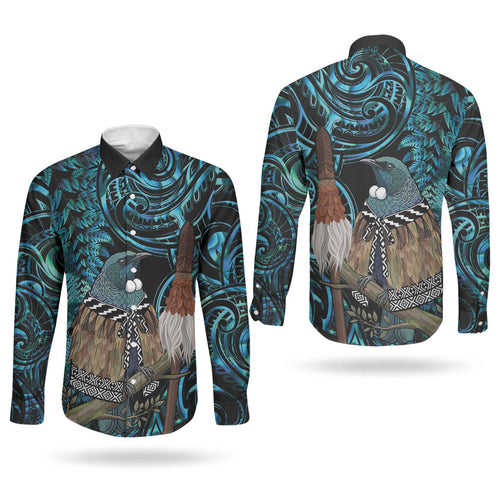 New Zealand Tui Bird Taiaha Couples Matching Puletasi and Long Sleeve Button Shirt Maori Weapon Paua Shell Mix Silver Fern