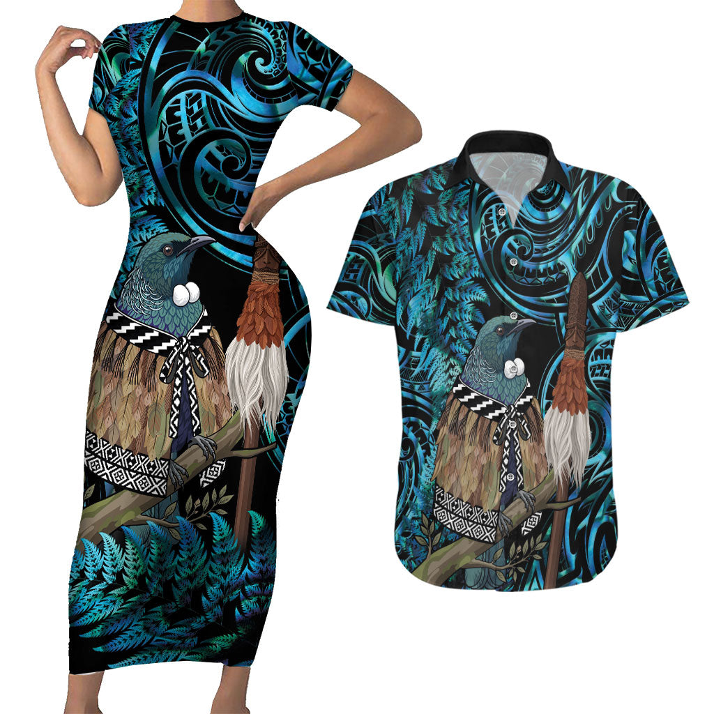 New Zealand Tui Bird Taiaha Couples Matching Short Sleeve Bodycon Dress and Hawaiian Shirt Maori Weapon Paua Shell Mix Silver Fern