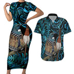 New Zealand Tui Bird Taiaha Couples Matching Short Sleeve Bodycon Dress and Hawaiian Shirt Maori Weapon Paua Shell Mix Silver Fern