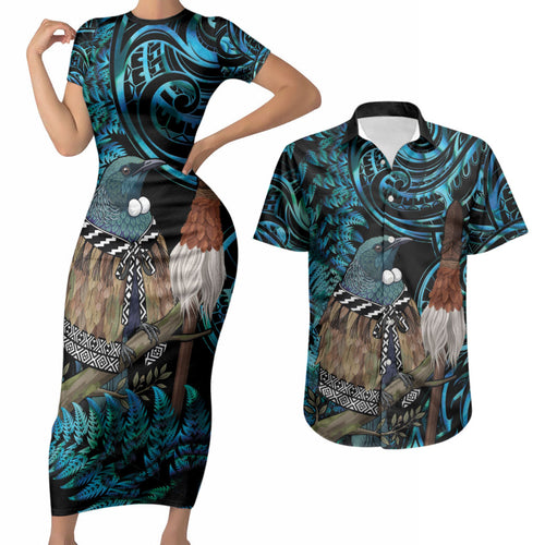 New Zealand Tui Bird Taiaha Couples Matching Short Sleeve Bodycon Dress and Hawaiian Shirt Maori Weapon Paua Shell Mix Silver Fern