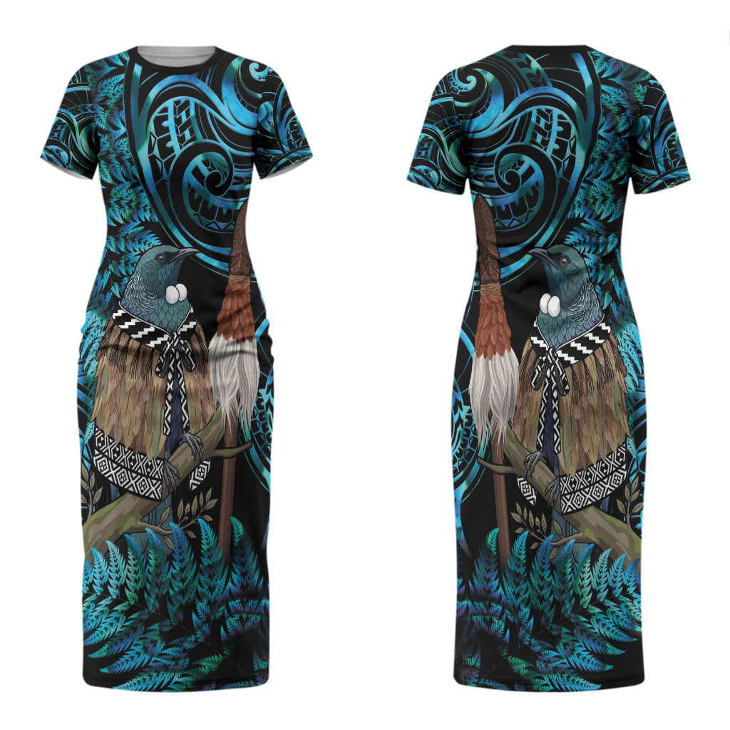 New Zealand Tui Bird Taiaha Couples Matching Short Sleeve Bodycon Dress and Hawaiian Shirt Maori Weapon Paua Shell Mix Silver Fern LT14