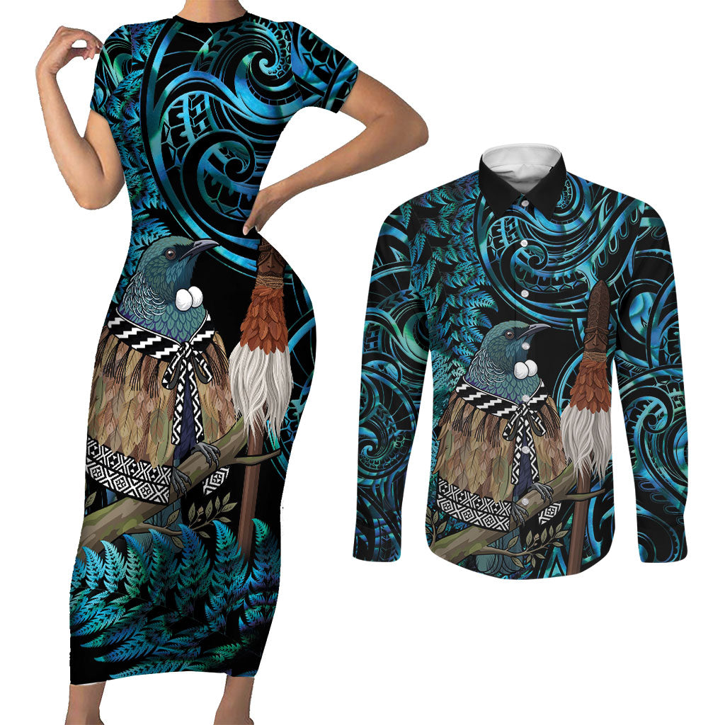 New Zealand Tui Bird Taiaha Couples Matching Short Sleeve Bodycon Dress and Long Sleeve Button Shirt Maori Weapon Paua Shell Mix Silver Fern