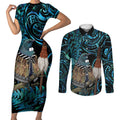 New Zealand Tui Bird Taiaha Couples Matching Short Sleeve Bodycon Dress and Long Sleeve Button Shirt Maori Weapon Paua Shell Mix Silver Fern