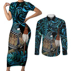 New Zealand Tui Bird Taiaha Couples Matching Short Sleeve Bodycon Dress and Long Sleeve Button Shirt Maori Weapon Paua Shell Mix Silver Fern