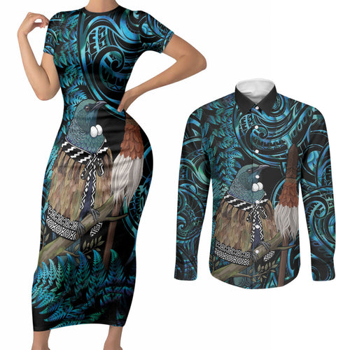New Zealand Tui Bird Taiaha Couples Matching Short Sleeve Bodycon Dress and Long Sleeve Button Shirt Maori Weapon Paua Shell Mix Silver Fern