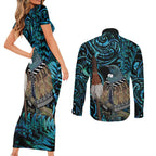 New Zealand Tui Bird Taiaha Couples Matching Short Sleeve Bodycon Dress and Long Sleeve Button Shirt Maori Weapon Paua Shell Mix Silver Fern