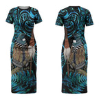New Zealand Tui Bird Taiaha Couples Matching Short Sleeve Bodycon Dress and Long Sleeve Button Shirt Maori Weapon Paua Shell Mix Silver Fern LT14