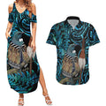 New Zealand Tui Bird Taiaha Couples Matching Summer Maxi Dress and Hawaiian Shirt Maori Weapon Paua Shell Mix Silver Fern