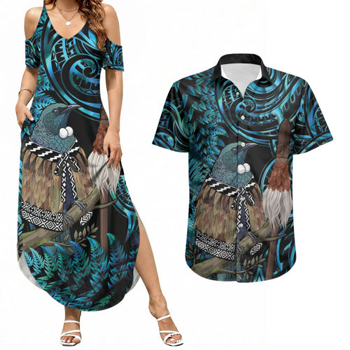 New Zealand Tui Bird Taiaha Couples Matching Summer Maxi Dress and Hawaiian Shirt Maori Weapon Paua Shell Mix Silver Fern