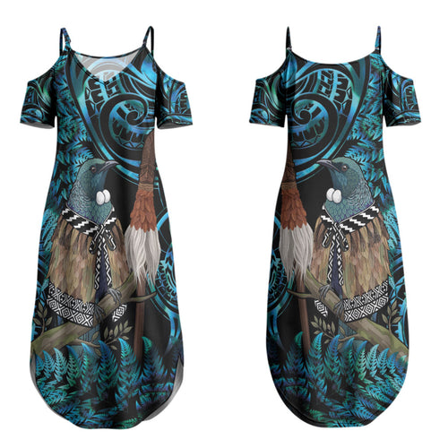 New Zealand Tui Bird Taiaha Couples Matching Summer Maxi Dress and Hawaiian Shirt Maori Weapon Paua Shell Mix Silver Fern LT14