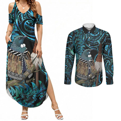 New Zealand Tui Bird Taiaha Couples Matching Summer Maxi Dress and Long Sleeve Button Shirt Maori Weapon Paua Shell Mix Silver Fern