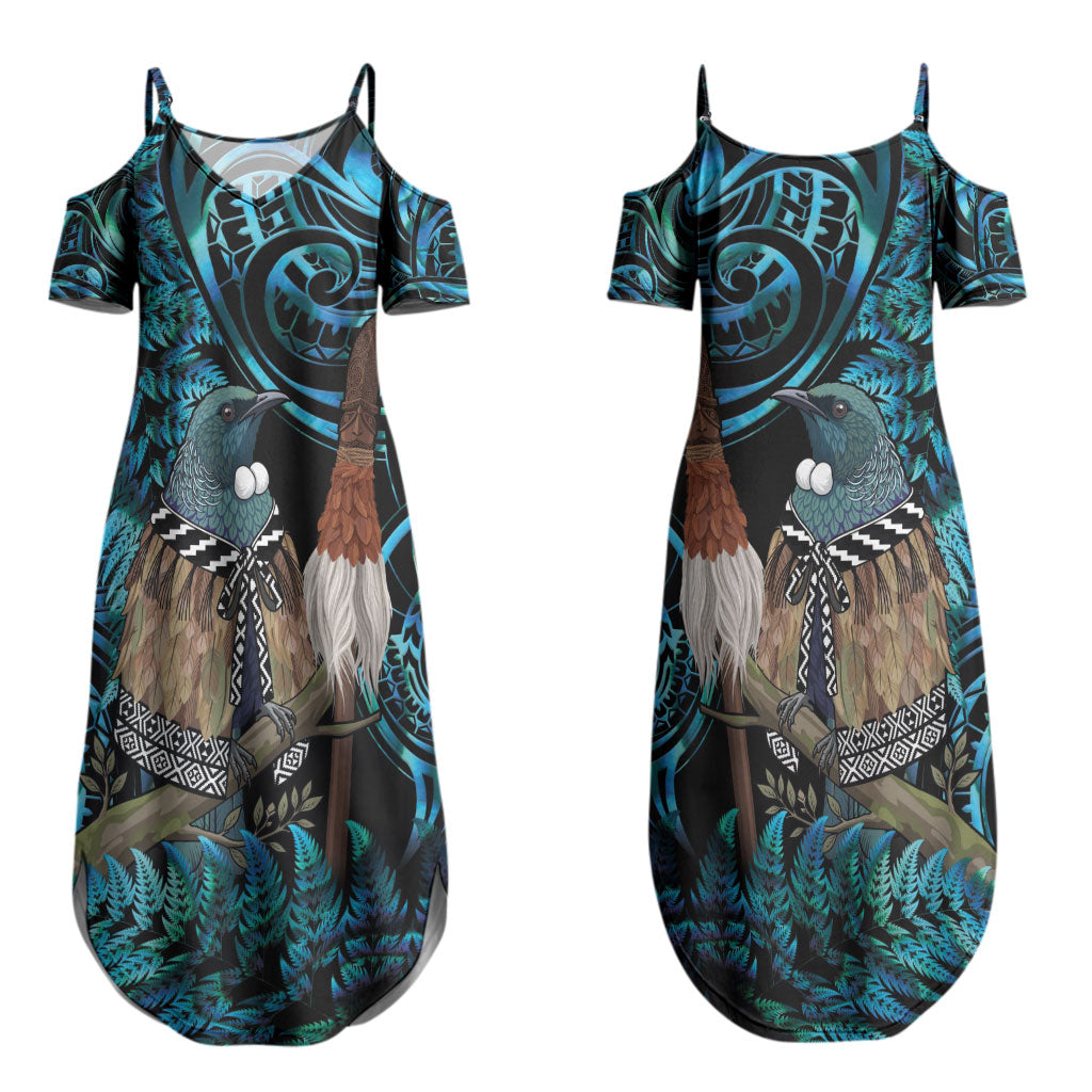 New Zealand Tui Bird Taiaha Couples Matching Summer Maxi Dress and Long Sleeve Button Shirt Maori Weapon Paua Shell Mix Silver Fern LT14