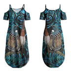 New Zealand Tui Bird Taiaha Couples Matching Summer Maxi Dress and Long Sleeve Button Shirt Maori Weapon Paua Shell Mix Silver Fern LT14