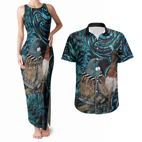 New Zealand Tui Bird Taiaha Couples Matching Tank Maxi Dress and Hawaiian Shirt Maori Weapon Paua Shell Mix Silver Fern