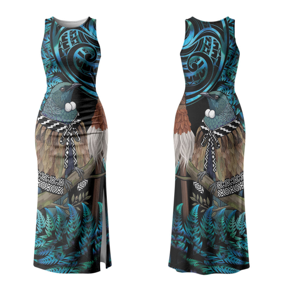 New Zealand Tui Bird Taiaha Couples Matching Tank Maxi Dress and Hawaiian Shirt Maori Weapon Paua Shell Mix Silver Fern LT14
