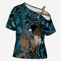 New Zealand Tui Bird Taiaha Cross Shoulder Shirt Maori Weapon Paua Shell Mix Silver Fern