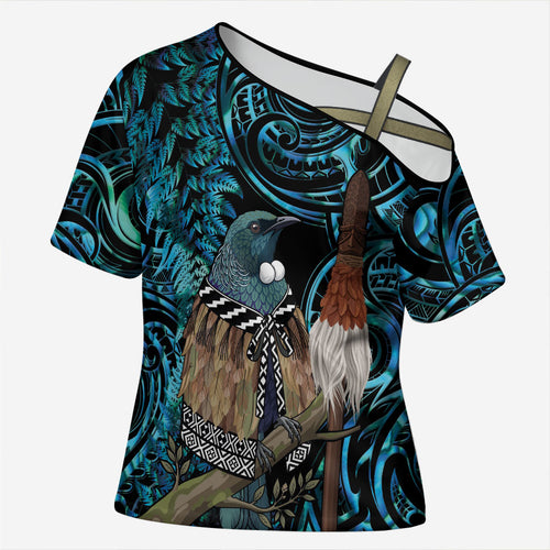 New Zealand Tui Bird Taiaha Cross Shoulder Shirt Maori Weapon Paua Shell Mix Silver Fern
