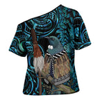 New Zealand Tui Bird Taiaha Cross Shoulder Shirt Maori Weapon Paua Shell Mix Silver Fern