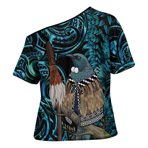 New Zealand Tui Bird Taiaha Cross Shoulder Shirt Maori Weapon Paua Shell Mix Silver Fern