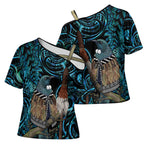 New Zealand Tui Bird Taiaha Cross Shoulder Shirt Maori Weapon Paua Shell Mix Silver Fern
