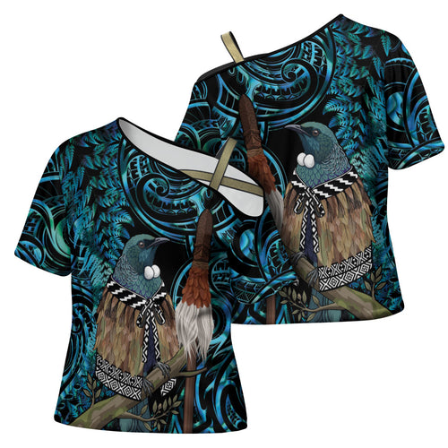 New Zealand Tui Bird Taiaha Cross Shoulder Shirt Maori Weapon Paua Shell Mix Silver Fern