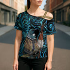New Zealand Tui Bird Taiaha Cross Shoulder Shirt Maori Weapon Paua Shell Mix Silver Fern