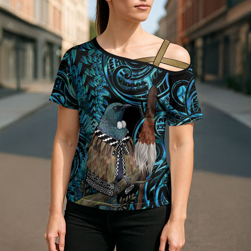 New Zealand Tui Bird Taiaha Cross Shoulder Shirt Maori Weapon Paua Shell Mix Silver Fern