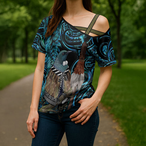 New Zealand Tui Bird Taiaha Cross Shoulder Shirt Maori Weapon Paua Shell Mix Silver Fern