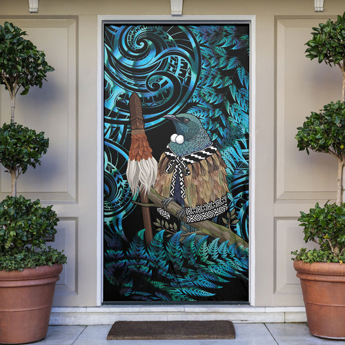 New Zealand Tui Bird Taiaha Door Cover Maori Weapon Paua Shell Mix Silver Fern