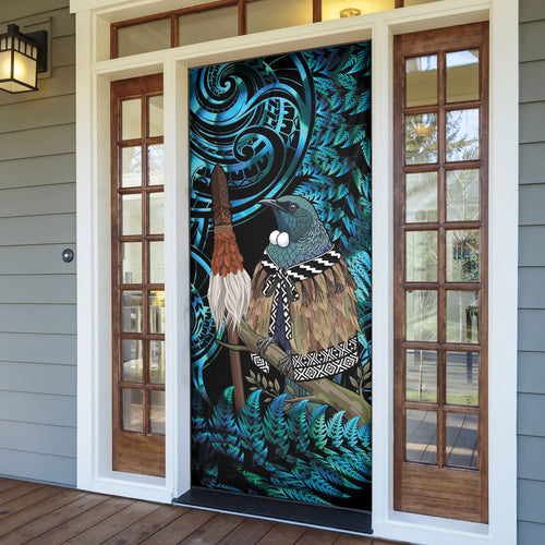 New Zealand Tui Bird Taiaha Door Cover Maori Weapon Paua Shell Mix Silver Fern