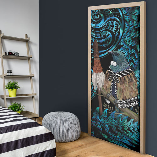 New Zealand Tui Bird Taiaha Door Cover Maori Weapon Paua Shell Mix Silver Fern