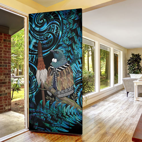 New Zealand Tui Bird Taiaha Door Cover Maori Weapon Paua Shell Mix Silver Fern