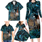 New Zealand Tui Bird Taiaha Family Matching Long Sleeve Bodycon Dress and Hawaiian Shirt Maori Weapon Paua Shell Mix Silver Fern