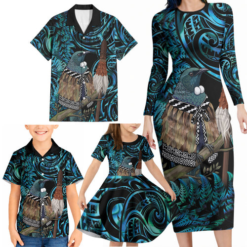 New Zealand Tui Bird Taiaha Family Matching Long Sleeve Bodycon Dress and Hawaiian Shirt Maori Weapon Paua Shell Mix Silver Fern