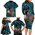 New Zealand Tui Bird Taiaha Family Matching Long Sleeve Bodycon Dress and Hawaiian Shirt Maori Weapon Paua Shell Mix Silver Fern