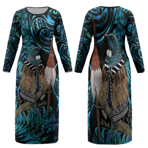 New Zealand Tui Bird Taiaha Family Matching Long Sleeve Bodycon Dress and Hawaiian Shirt Maori Weapon Paua Shell Mix Silver Fern